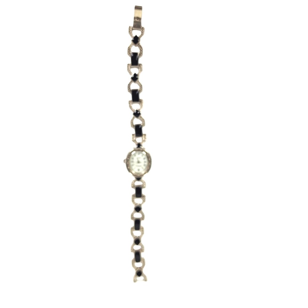 Novelle Quartz Watch Womens Silver Tone Black Geometric Link Art Deco Style